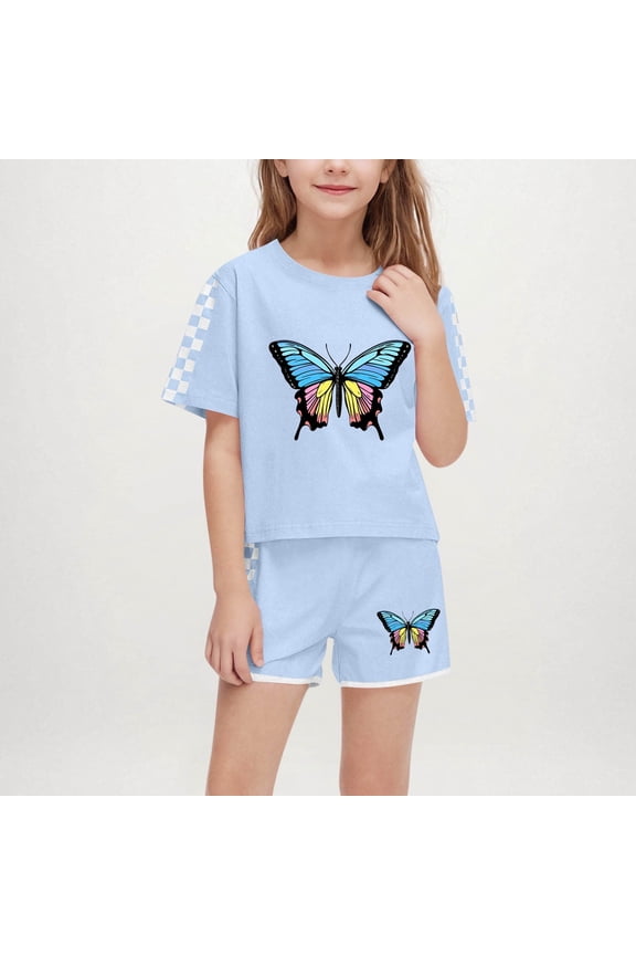 Butterfly and Checkered Sleeve Outfit Sets for Girls Boys - Soft Breathable Summer 2-Piece Shorts and Top , Ages 5-14, Sky Blue