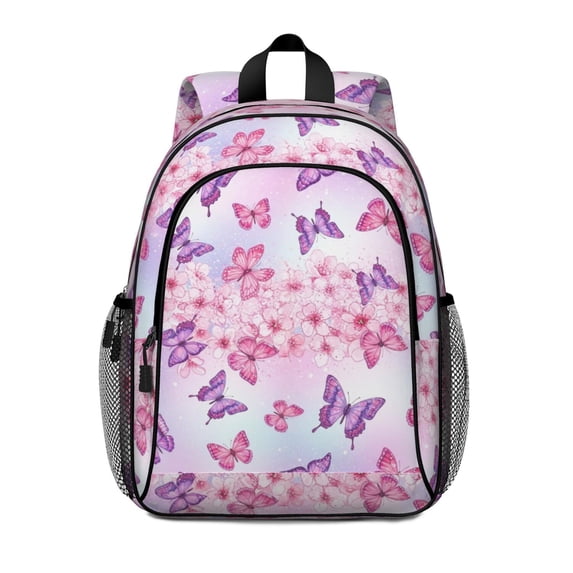 Butterfly and Cherry Blossom Pink Backpack for School, Cute School Bag with Adjustable Shoulder Straps and Padded Back, 15"x11.42"x5.5"