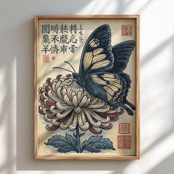 Butterfly and Chrysanthemum Japanese Style Wall Art Unframed Paper Print