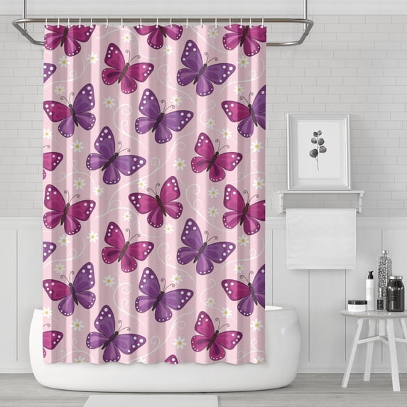 Butterfly and Daisy Pink Pattern Modern Waterproof Shower Curtain Set with 12 Hooks, Washable Decorative Bathroom Shower Curtain