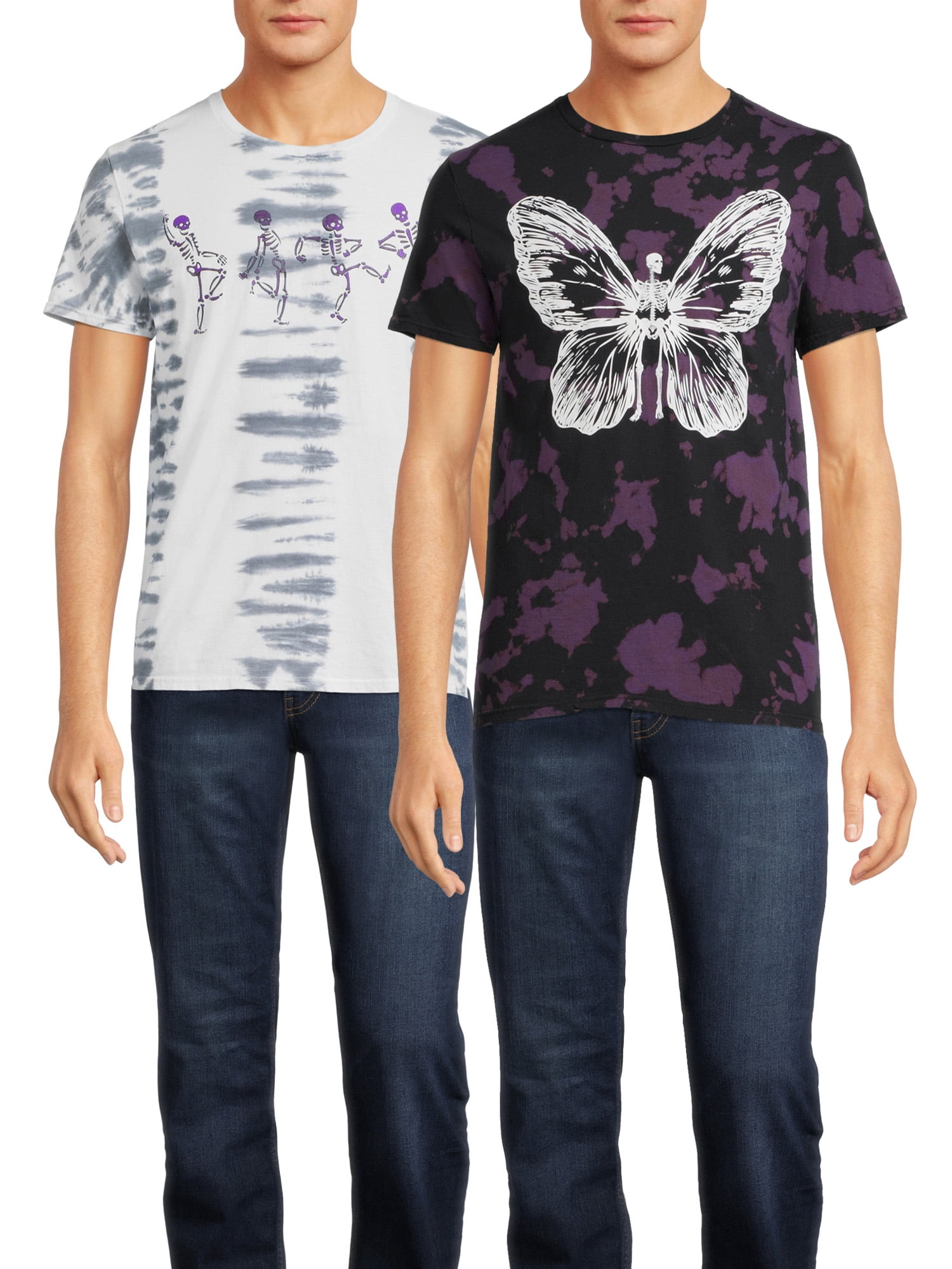 Butterfly and Dancing Skeletons Men's & Big Men's Tie Dye Graphic T-Shirts, 2-Pack