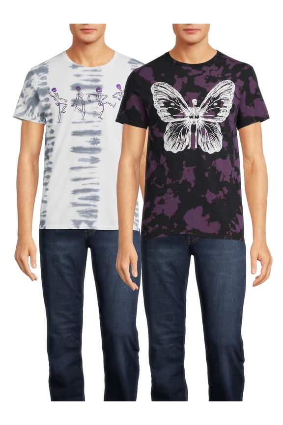 Butterfly and Dancing Skeletons Men's & Big Men's Tie Dye Graphic T-Shirts, 2-Pack
