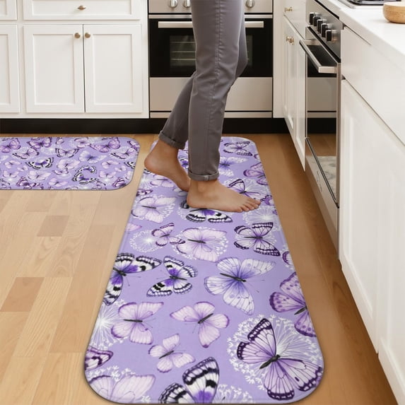 Butterfly and Dandelion Purple Pattern Kitchen Mat Set Of 2,Anti-Fatigue Floor Mats, Non-Slip Standing Mats for Kitchen, 47x17 and 30x17 Inches