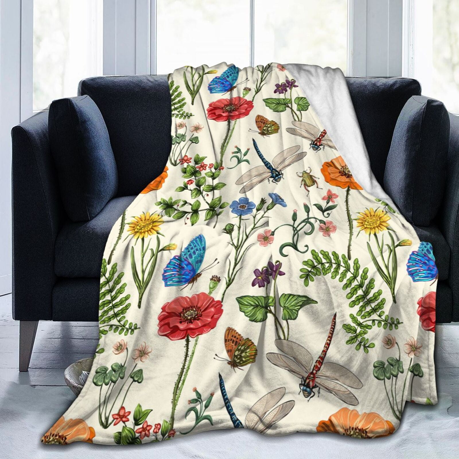 Butterfly and Dragonfly Flower Throw Blanket Soft Cozy Warm Durable