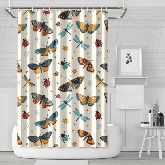 Butterfly and Dragonfly Orange Pattern Modern Waterproof Shower Curtain Set with 12 Hooks, Washable Decorative Bathroom Shower Curtain