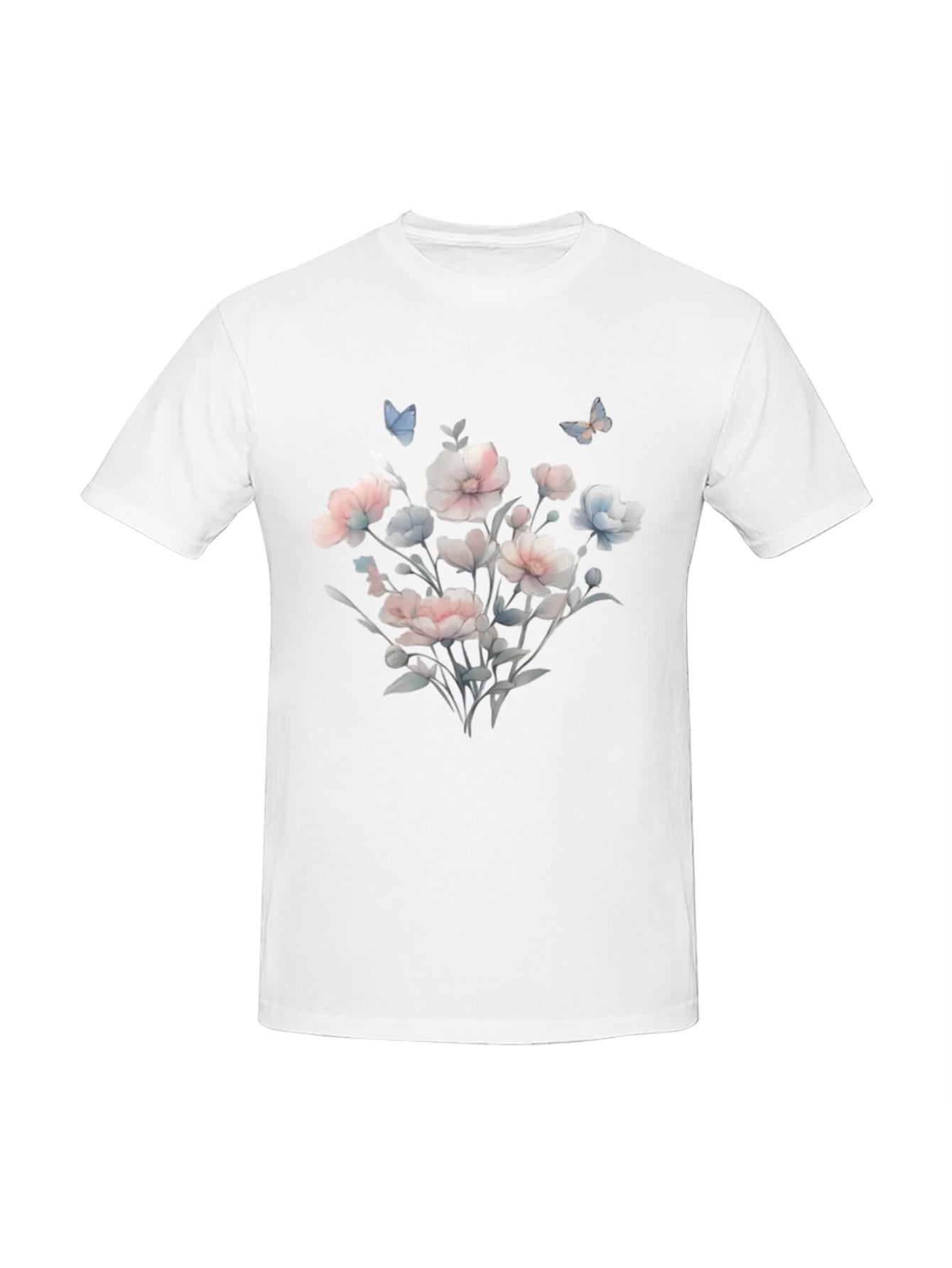 Butterfly and Fllower Print Women's Short-Sleeve T-Shirt - Stylish Cotton Casual Tee, Relaxed ...