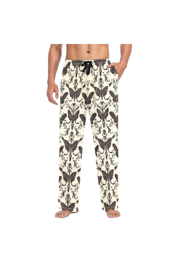 Butterfly and Floral Brocade Background Mens Cotton Pajama Pant Sleep and Lounge Bottons with Pockets