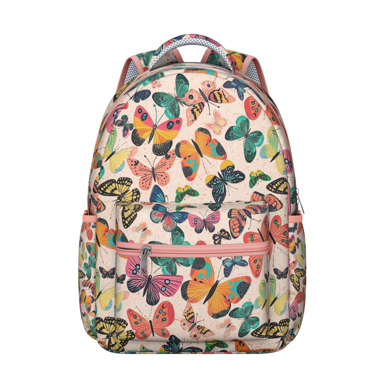 Butterfly and Floral Design Backpack - Waterproof & Durable, Modern Print with Adjustable Shoulder Straps for Spinal Support