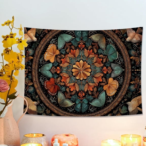 Butterfly and Floral Mandala Tapestry, Brown and Teal Bohemian Wall Hanging, Decorative Art for Living Room, Bedroom, Dorm 40x30 Inch