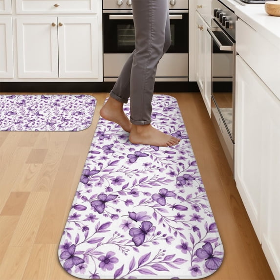 Butterfly and Floral Purple Pattern Kitchen Mat Set Of 2,Anti-Fatigue Floor Mats, Non-Slip Standing Mats for Kitchen, 47x17 and 30x17 Inches