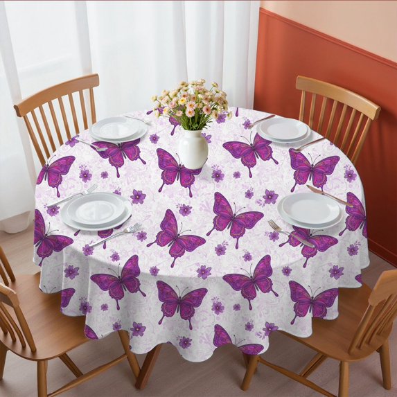 Butterfly and Floral Purple Pattern Round Tablecloth 70"x70", Wrinkle Resistant Wipeable Table Cover for Kitchen Dining Room Picnic Patio and Party