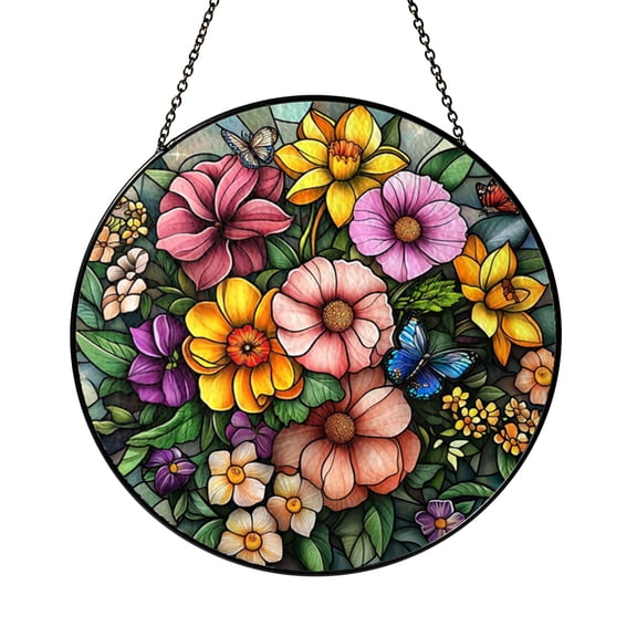 Butterfly and Flower Faux Stained Glass Round Window Decor2001