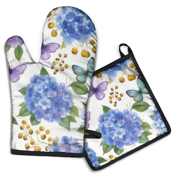 Butterfly and Flower Kitchen Oven Mitt and Pot Holder Sets 2 Pcs for Baking, Cooking and Grilling, Heat Resistant Up To 392 °F