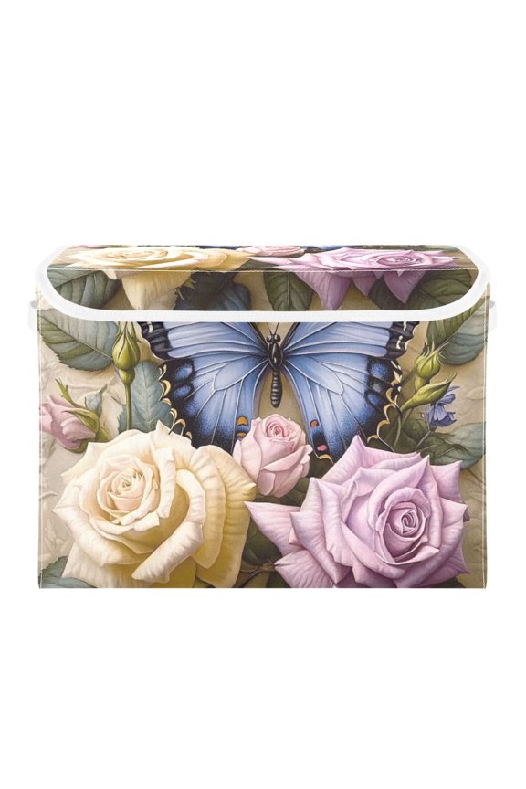 Butterfly and Flower Large Storage Bins with Linen Collapsible Lid Storage Box 16.7 x 12.6 x 11.8in