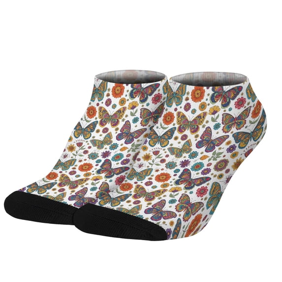 Butterfly and Flower Orange Pattern Women's Ankle Socks, Low Cut Daily ...
