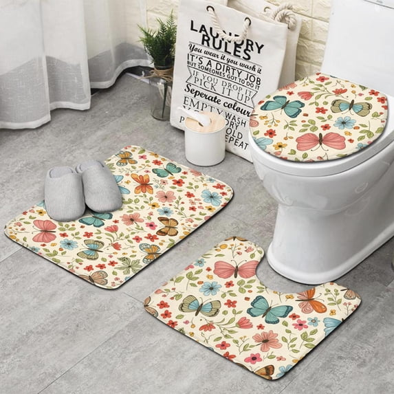 Butterfly and Flower Pink Pattern 3 Piece Bathroom Rug Set, Non Slip ...