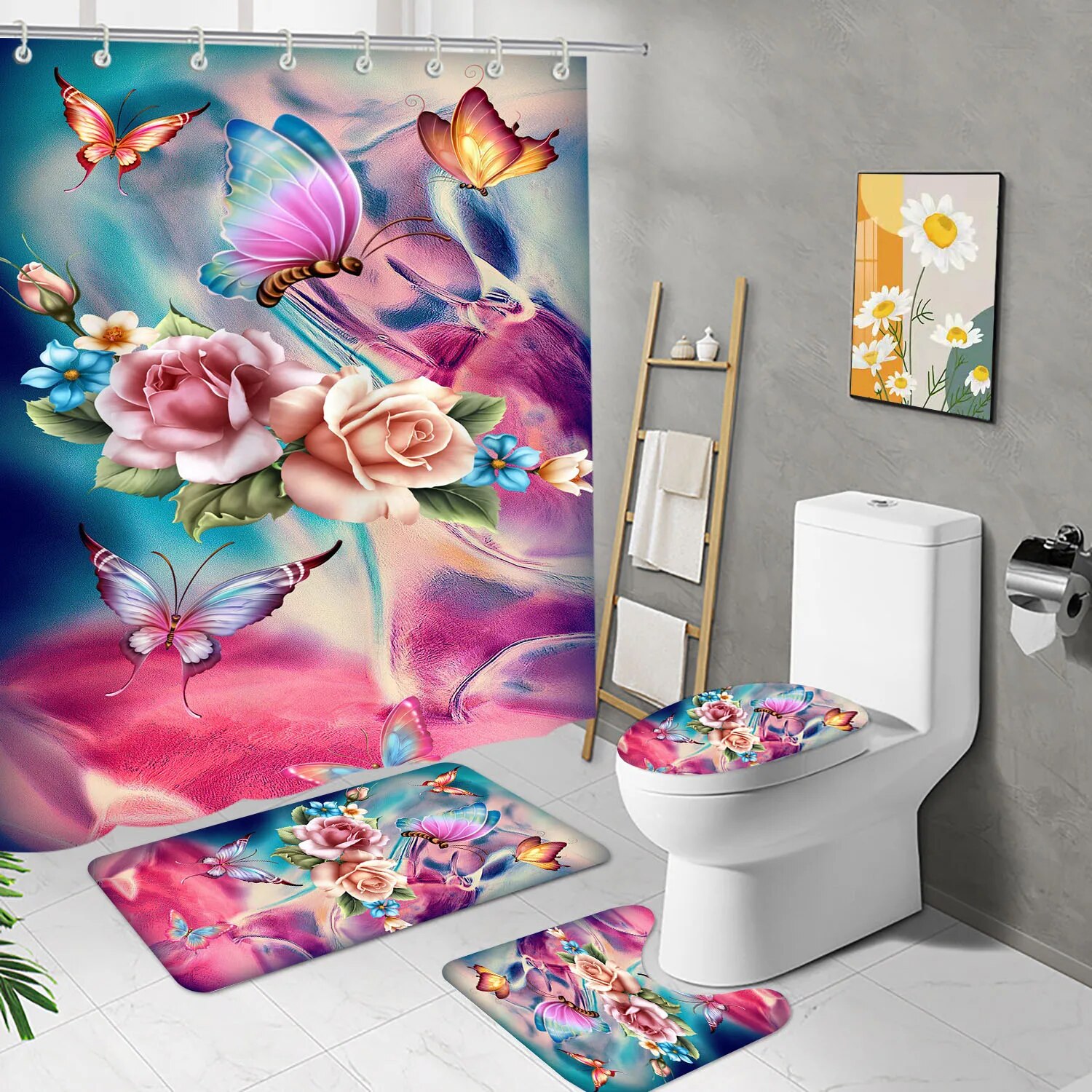 Butterfly and Flower Print Shower Curtain Set Waterproof Bathroom Set ...