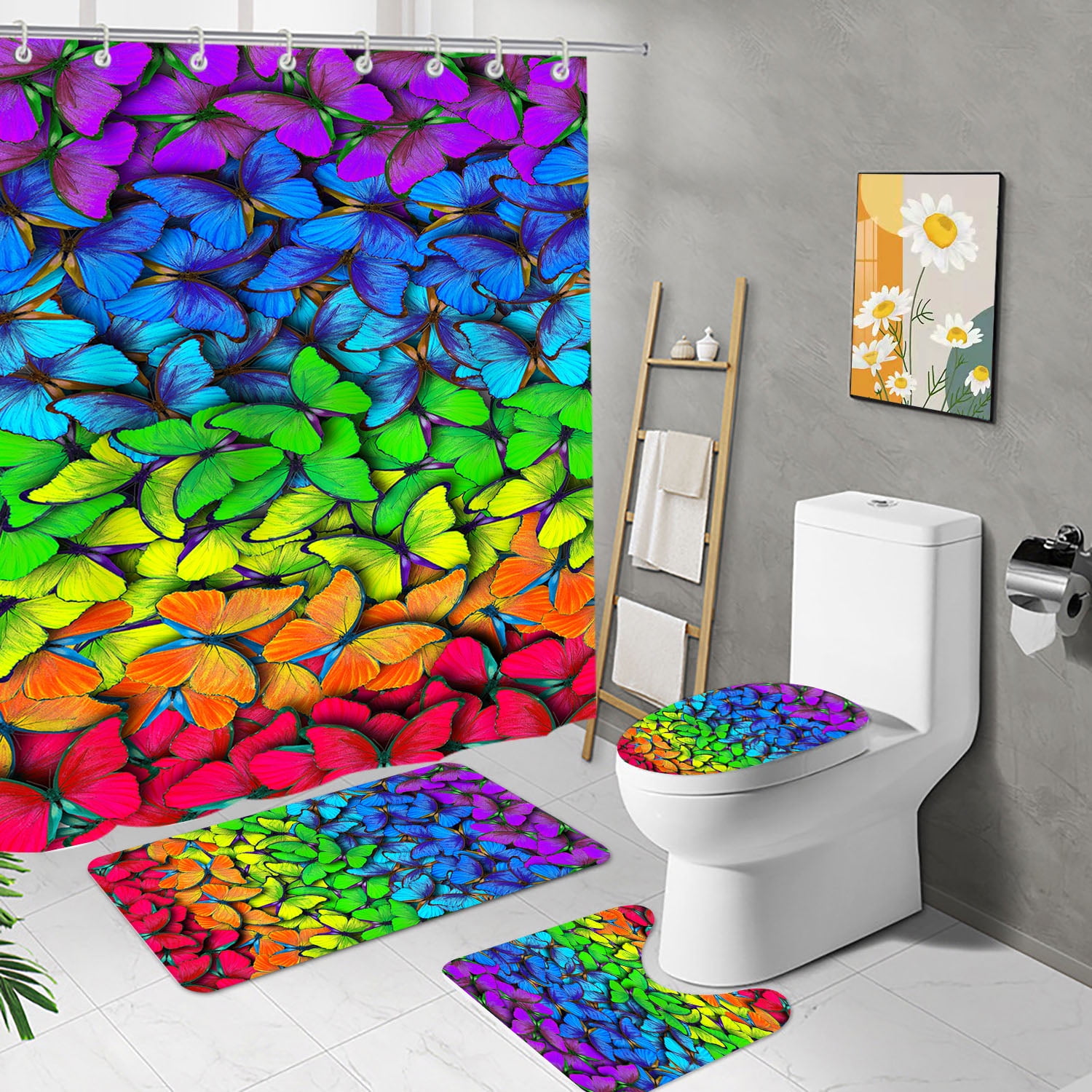 Butterfly and Flower Print Shower Curtain Set Waterproof Bathroom Set r