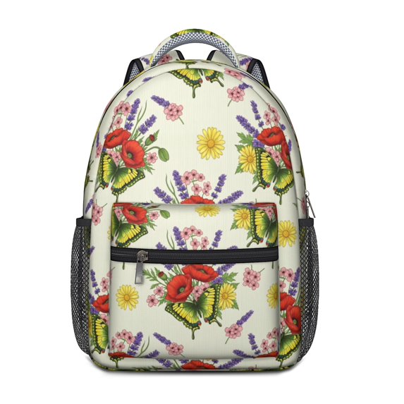 Butterfly and Flower Red Pattern Backpack for School, Cute School Bag with Adjustable Shoulder Straps and Padded Back, 15.3"x11"x6.7"