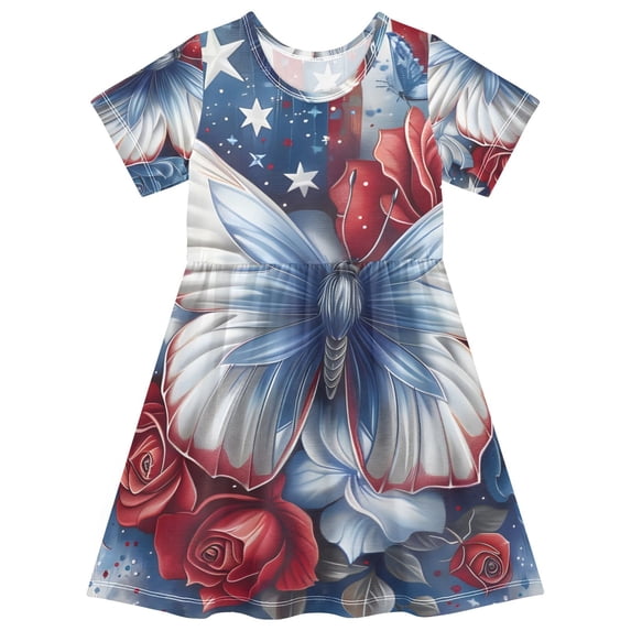 Butterfly and Flowers Girls Short Sleeve Dress A Line Sun Protection Breathable Comfort Sundress 7-8T