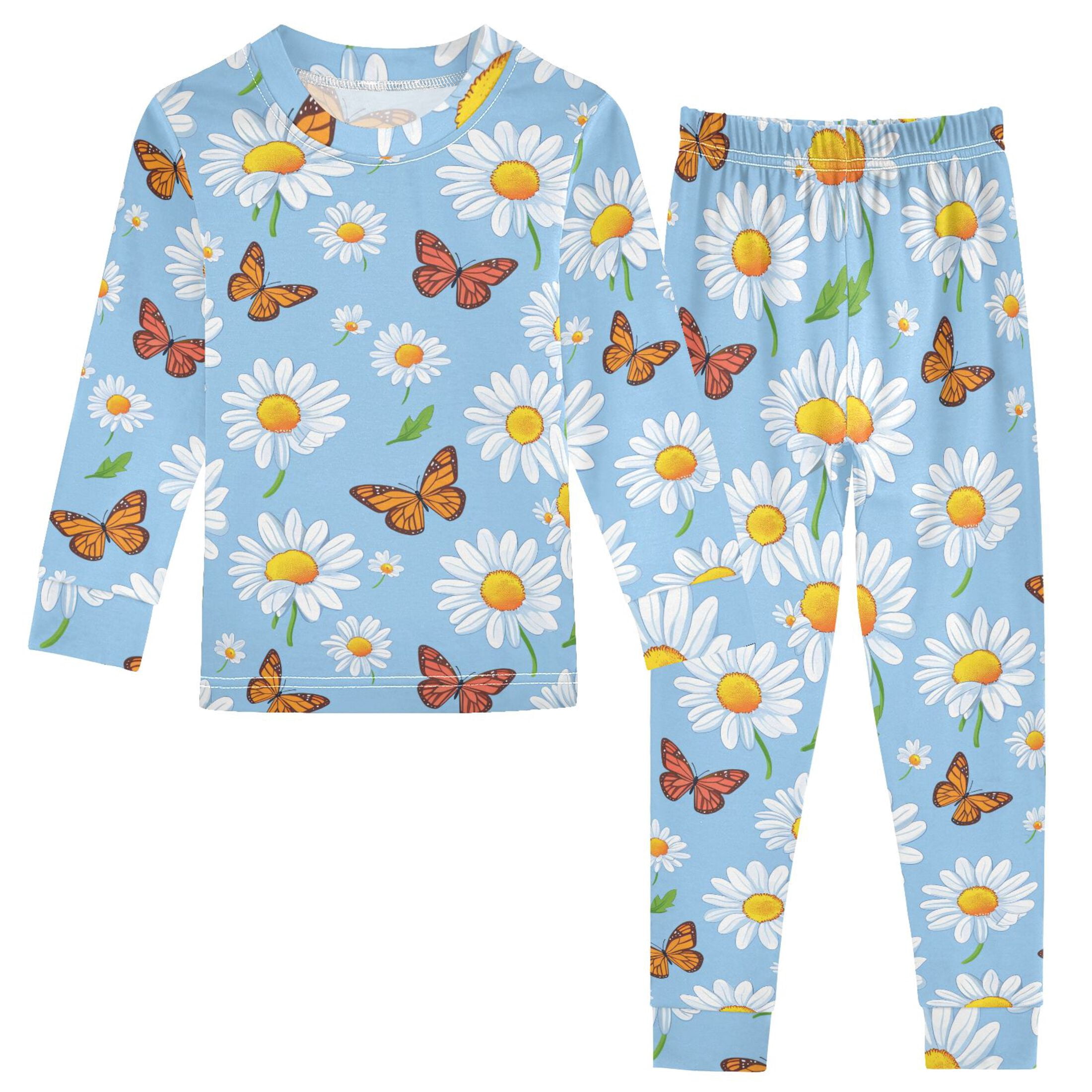 Butterfly and Flowers Pattern Cotton Pajamas 2 Piece Set Sleepwear Soft ...
