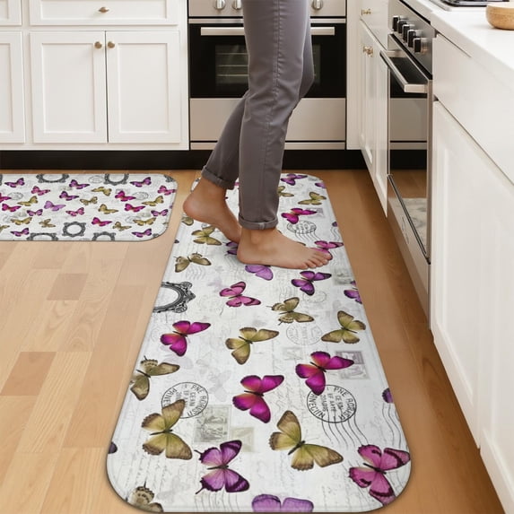 Butterfly and Frame Purple Pattern Kitchen Mat Set Of 2,Anti-Fatigue Floor Mats, Non-Slip Standing Mats for Kitchen, 47x17 and 30x17 Inches