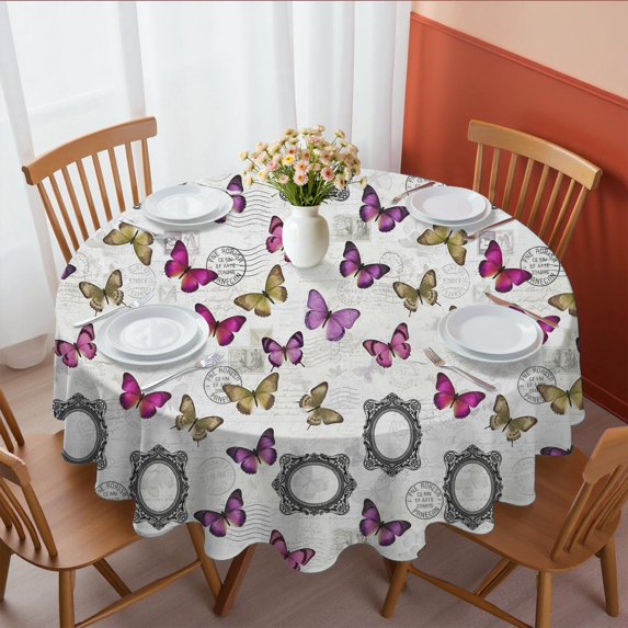 Butterfly and Frame Purple Pattern Round Tablecloth 60"x60", Wrinkle Resistant Wipeable Table Cover for Kitchen Dining Room Picnic Patio and Party