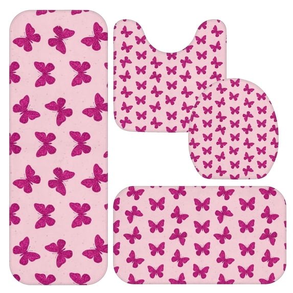 Butterfly and Glitter Pink Pattern Bathroom Rug Set 4 Piece,Includes Contour,Lid Cover,Bath Mat,Non-Slip Extra Soft Absorbent Washable