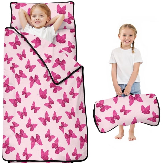 Butterfly and Glitter Pink Pattern Teens Toddler Nap Mat with Pillow, Sleeping Mat Bag for Preschool Daycare 51"x22"