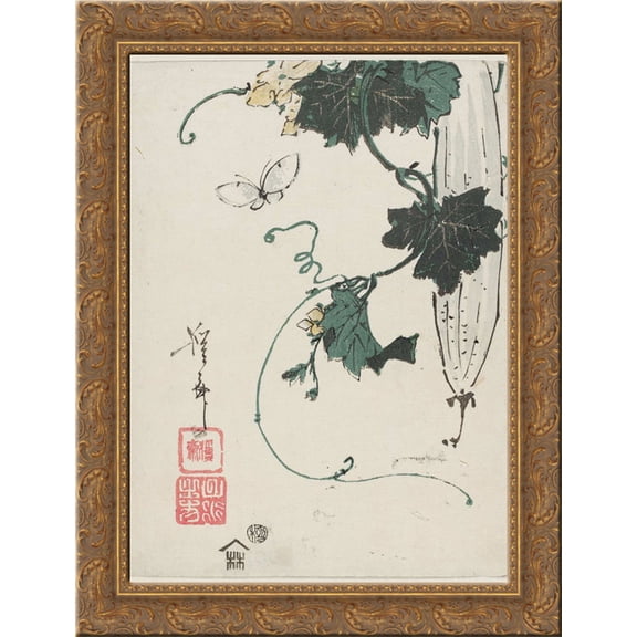Butterfly and Gourd 24x18 Gold Ornate Wood Framed Canvas Art by Keisai Eisen