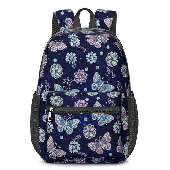 Butterfly and Jewel Blue Pattern 17" School Backpacks for Teens,Waterproof Oxford Fabric,S-Shape Padded Straps for School,Travel,Hiking,Camping