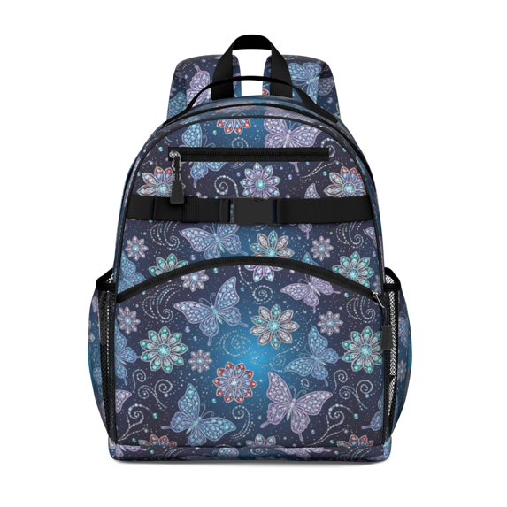 Butterfly and Jewel Blue Pattern Cute School Backpack Bag for School with Padded Back and Adjustable Shoulder Straps 15.25"x11.5"x5.25"