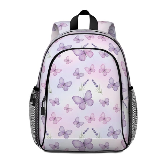 Butterfly and Lavender Pink Pattern Backpack for School, Cute School Bag with Adjustable Shoulder Straps and Padded Back, 15"x11.42"x5.5"