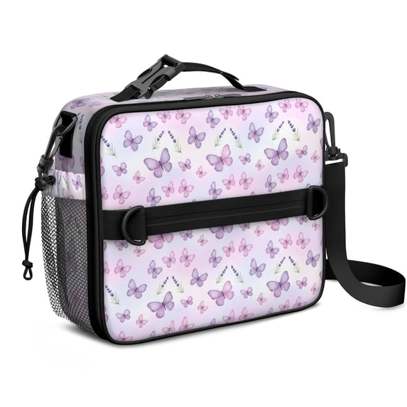Butterfly and Lavender Pink Pattern Insulated Lunch Bag with Shoulder Strap and Bottle Holder,Bento School Lunch Bag Box,11x9.5x3.5 Inches