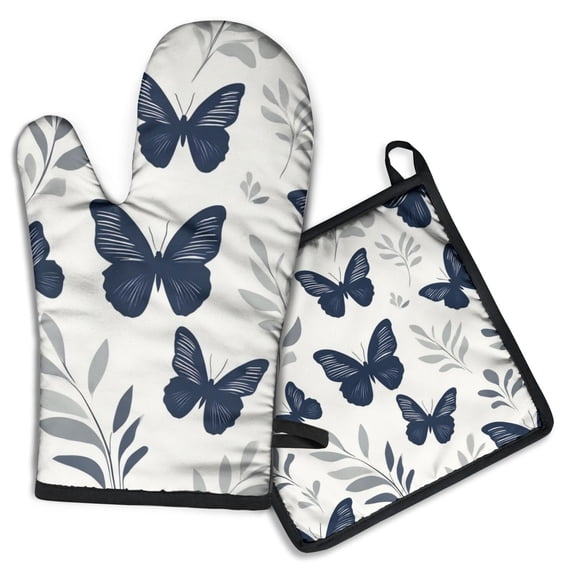 Butterfly and Leaves Pattern Kitchen Oven Mitt and Pot Holder Sets 2 Pcs for Baking, Cooking and Grilling, Heat Resistant Up To 392 °F