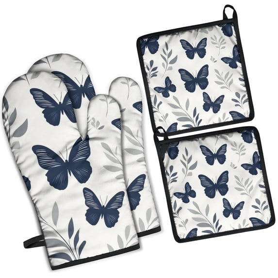 Butterfly and Leaves Pattern Kitchen Oven Mitt and Pot Holder Sets 4 Pcs for Baking, Cooking and Grilling, Heat Resistant Up To 392 °F
