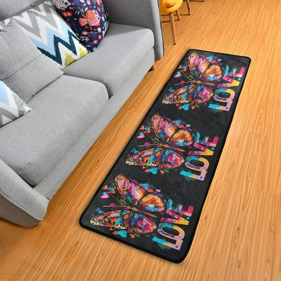 Butterfly and Love Hallway Runner Rug 2'X6' Non-Slip Washable Carpet Runner Kitchen Entryway Laundry Bedroom