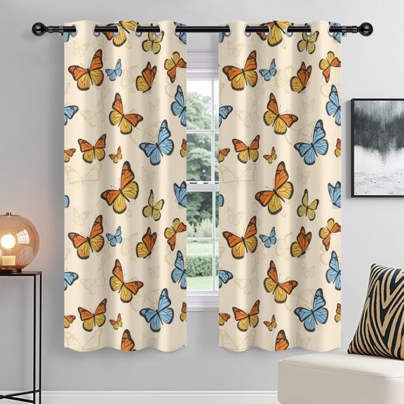 Butterfly and Monarch Orange Pattern Blackout Curtains,Triple Weaved Fabric,Thermal Insulated,Room Darkening,Grommet Top,2 Panels,42x84in(107x213cm)