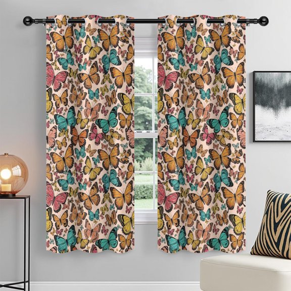 Butterfly and Monarch Orange Pattern Blackout Curtains,Triple Weaved Fabric,Thermal Insulated,Room Darkening,Grommet Top,2 Panels,42x84in(107x213cm)