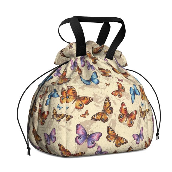 Butterfly and Monarch Orange Pattern Drawstring Insulated Lunch Bag for Women, Stain-Resistant Large Lunch Tote with Multi-Pockets for Work Office