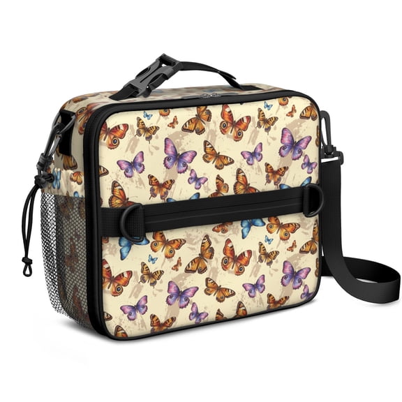 Butterfly and Monarch Orange Pattern Insulated Lunch Bag with Shoulder Strap and Bottle Holder,Bento School Lunch Bag Box,11x9.5x3.5 Inches