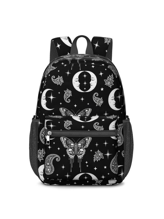 Butterfly and Moon Gothic Pattern 17" School Backpacks for Teens,Waterproof Oxford Fabric,S-Shape Padded Straps for School,Travel,Hiking,Camping