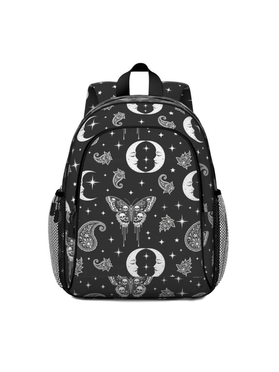Butterfly and Moon Gothic Pattern Backpack for School, Cute School Bag with Adjustable Shoulder Straps and Padded Back, 15"x11.42"x5.5"