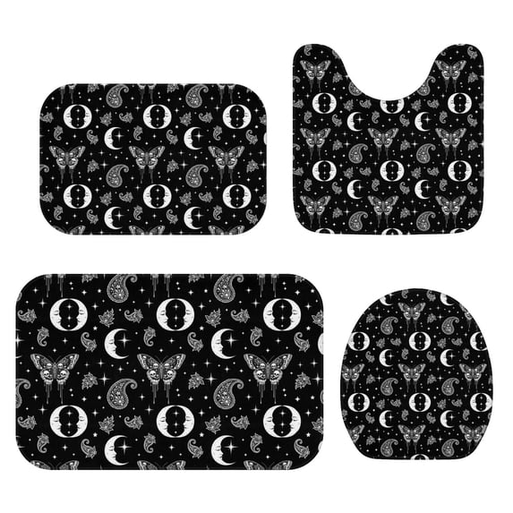 Butterfly and Moon Gothic Pattern Bathroom Rug Set 4 Piece,Includes Contour,Lid Cover,Bath Mat,Non-Slip Extra Soft Absorbent Washable