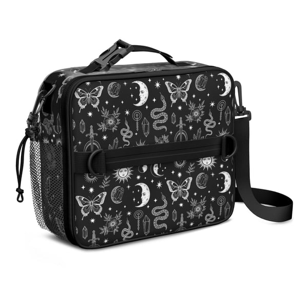 Butterfly and Moon Gothic Pattern Insulated Lunch Bag with Shoulder Strap and Bottle Holder,Bento School Lunch Bag Box,11x9.5x3.5 Inches