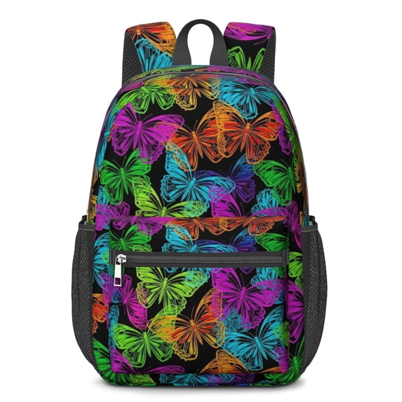 Butterfly and Multicolor Black Pattern 17" School Backpacks for Teens,Waterproof Oxford Fabric,S-Shape Padded Straps for School,Travel,Hiking,Camping
