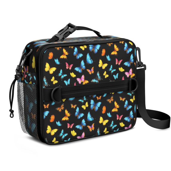 Butterfly and Multicolor Black Pattern Insulated Lunch Bag with Shoulder Strap and Bottle Holder,Bento School Lunch Bag Box,11x9.5x3.5 Inches