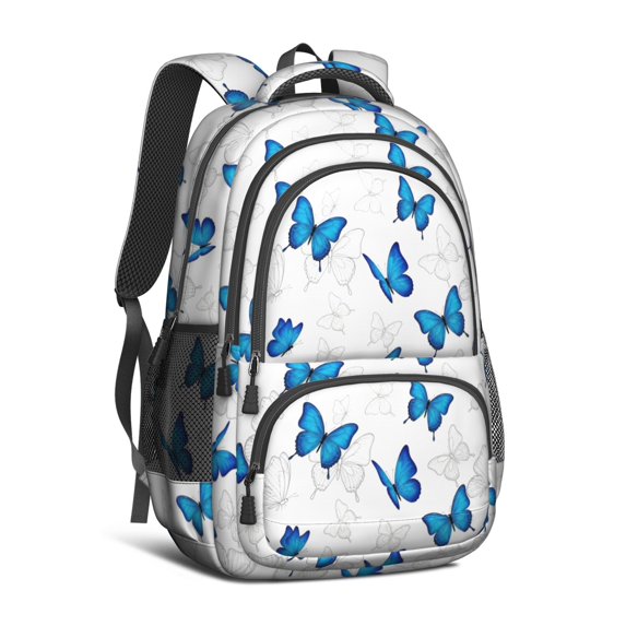 Butterfly and Outline Blue Pattern Cute School Backpack Bag with Padded Back and Adjustable Shoulder Straps 16.9 X 12.6 X 5.9 Inches
