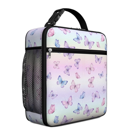 Butterfly and Pastel Purple Pattern Insulated Lunch Bag Teens,Lunch Box for Men Women for Work,Picnic or Travel,10.2x9.5x4.3 Inches,8 Can Capacity