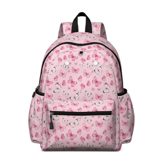 Butterfly and Pink White Pattern Cute School Backpack with Padded Back and Adjustable Shoulder Straps 13.4"x11"x4.7"